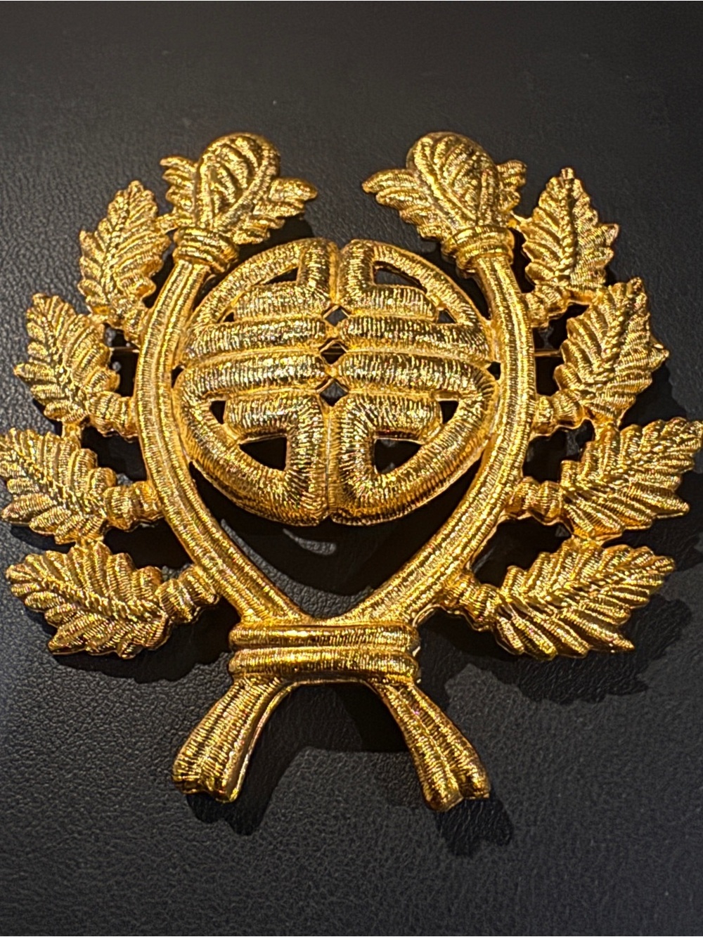 Givenchy Gold Metallic Logo Paris New York Laurel Leaf Grand Brooch